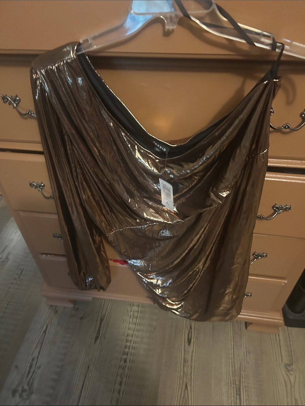 torrid Metallic Bronze Asymmetrical Drape off shoulder shirt